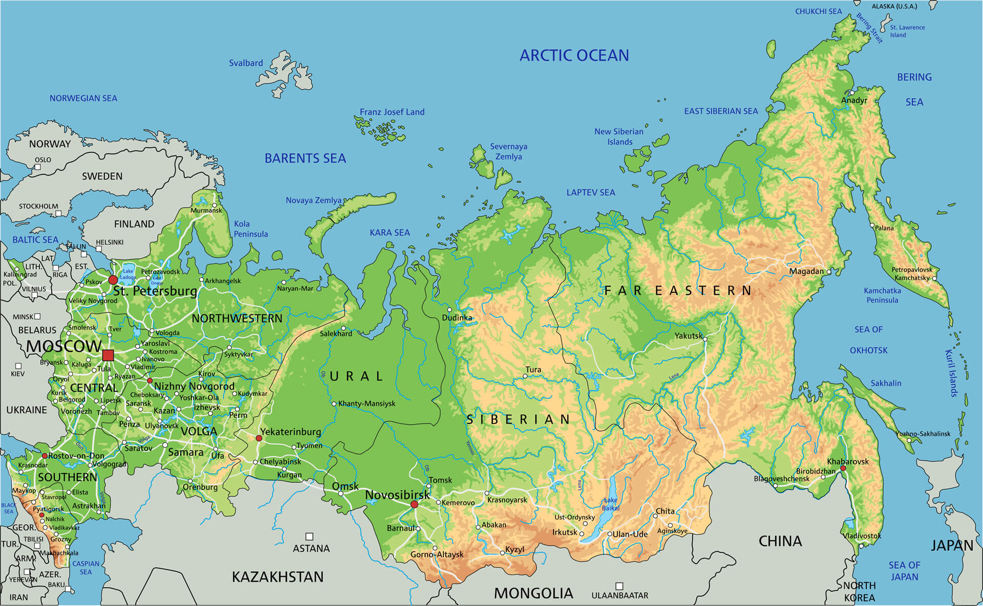 Carte physique detaillee de la Russie
